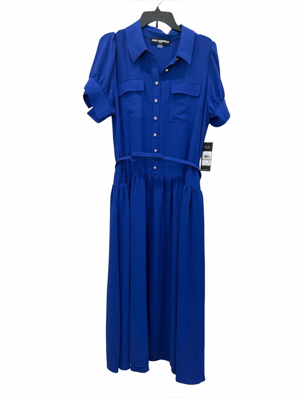 Karl Lagerfeld Belted Midi Shirt Dress Puff Sleeve Pockets Pearl Blue 12 NWT - Picture 2 of 15